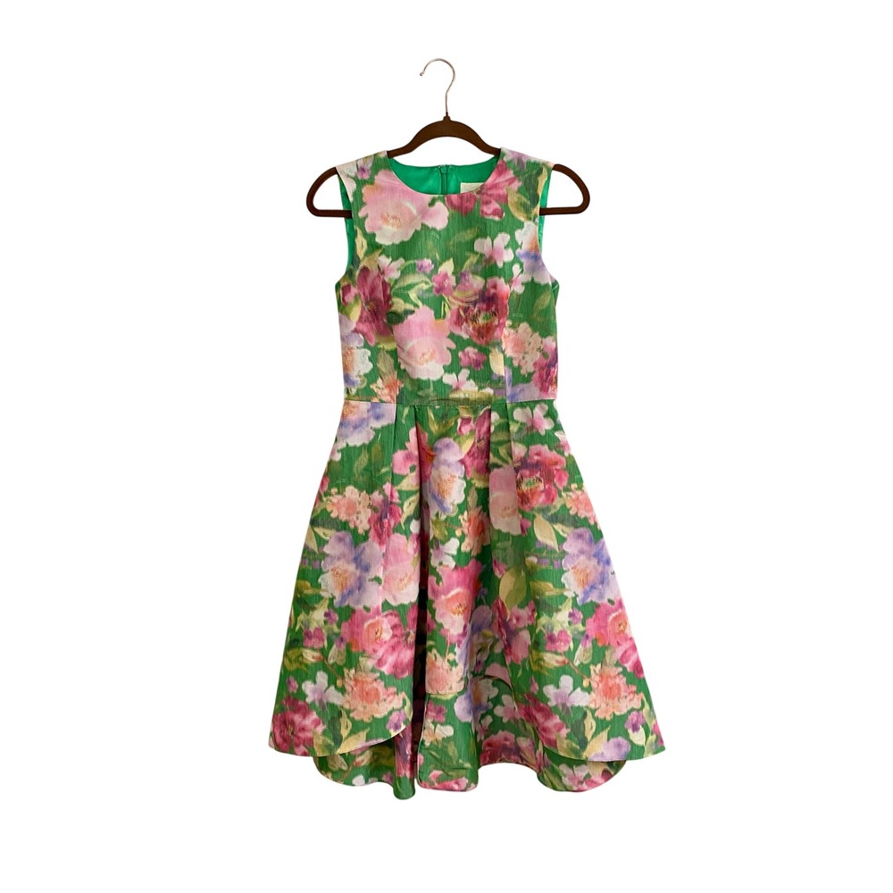 Shoshanna Midnight Keegan Floral High Low Dress 2 Green Pink Pockets **NO BELT**